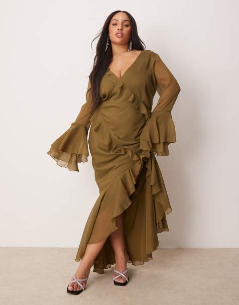 ASOS DESIGN Curve - Maxi-jurk met V-hals, lange mouwen, ruches en uitsnijding aan de achterkant in groen - view 1