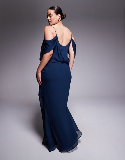 ASOS DESIGN Curve - Maxi jurk van chiffon met gedrapeerde voorkant in marineblauw, 2 van 4