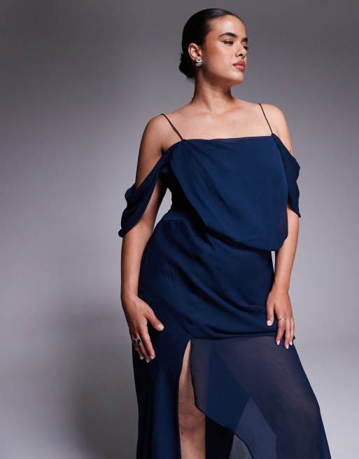 ASOS DESIGN Curve - Maxi jurk van chiffon met gedrapeerde voorkant in marineblauw, 4 van 4