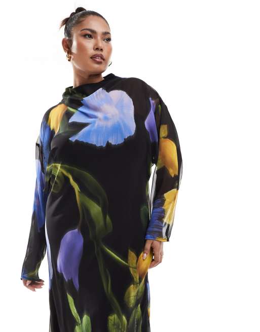ASOS DESIGN Curve - Maxi jurk van chiffon met vervaagde bloemenprint, 2 van 4