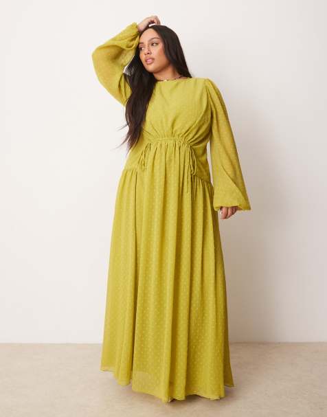 ASOS DESIGN Curve - Maxi jurk van dobbystof met trekkoorddetail in lichtgroen - view 1