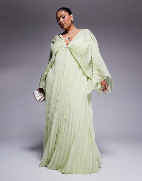 ASOS DESIGN Curve - Maxi jurk van geplooid chiffon met gedraaide voorkant in appelgroen - view 1