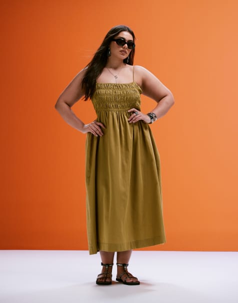 ASOS DESIGN Curve - Maxi-jurk van katoen satinet met gesmokte buste in geelgroen - view 1