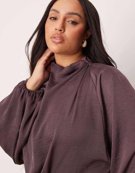 ASOS DESIGN Curve - Maxi jurk van satijn met gedrapeerde blousonmouwen in mauve, 2 van 4