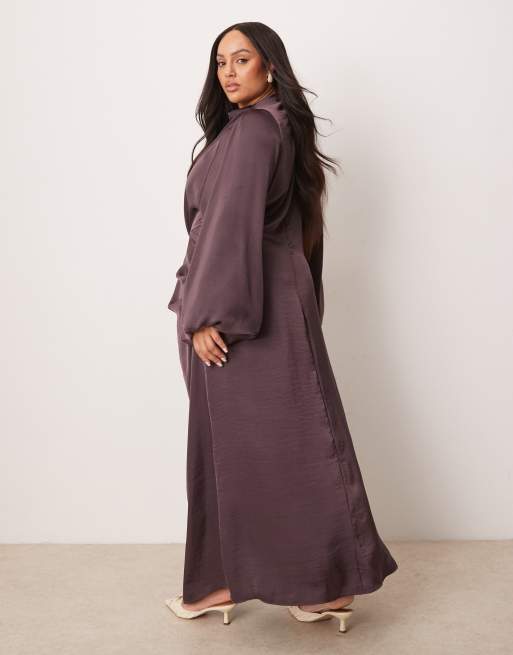 ASOS DESIGN Curve - Maxi jurk van satijn met gedrapeerde blousonmouwen in mauve, 3 van 4