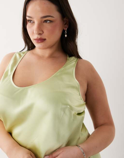 ASOS DESIGN Curve - Maxi jurk van satijn met lage ronde hals in limoengroen, 3 van 4