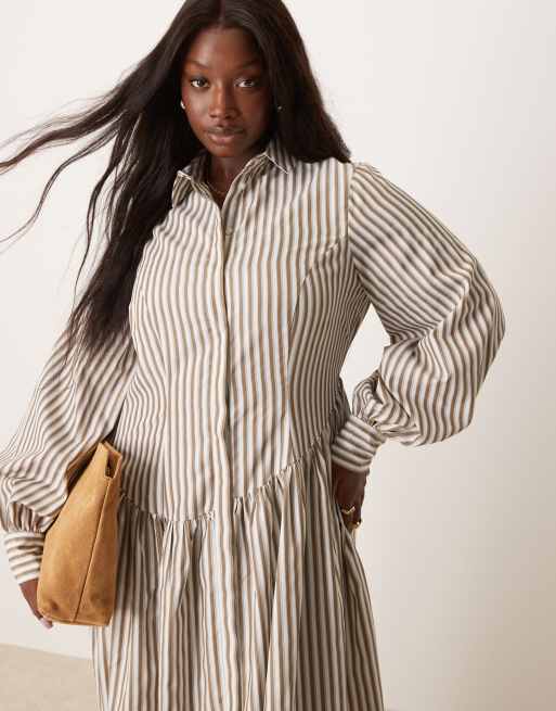 ASOS DESIGN Curve - Maxi-overhemdjurk met asymmetrische knopen en chocoladebruine strepen, 2 van 4