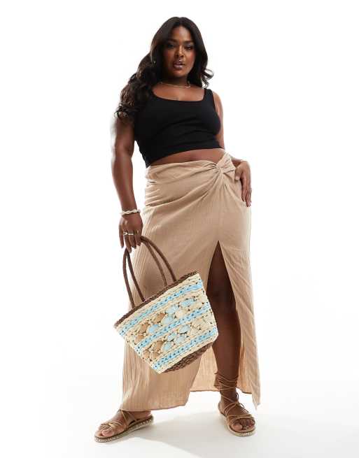 ASOS DESIGN Curve - Maxi rok van kaasdoek met geknoopte zijkant in stone
