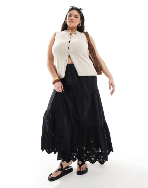 ASOS DESIGN Curve - Maxi rok van katoen met open patroon in zwart - view 1