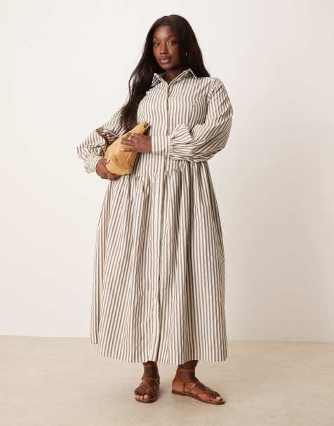 ASOS DESIGN Curve maxi shirt dress with asymmetric button detail in brown stripe - view 1
