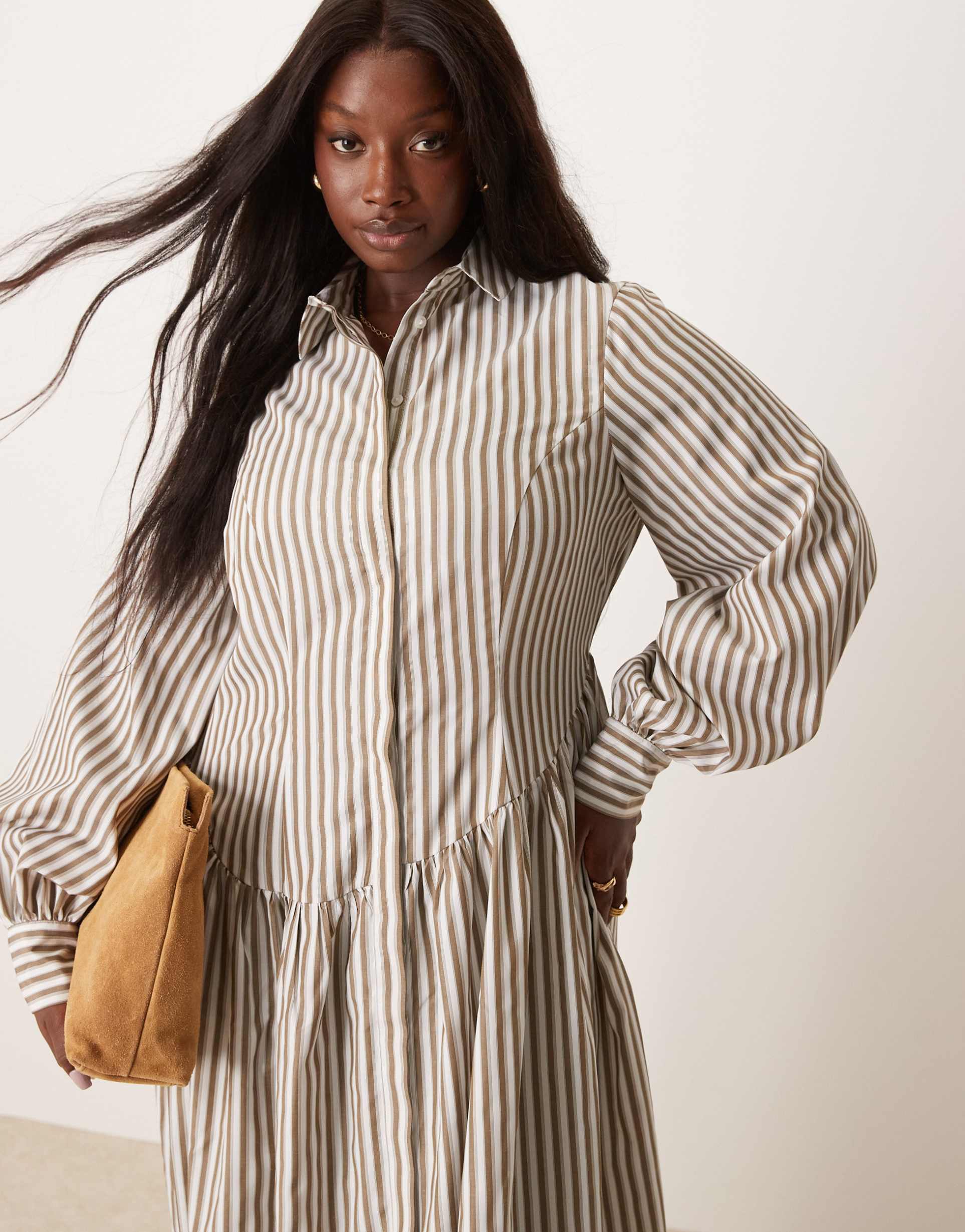 asos design curve maxi shirt dress with asymmetric button detail in brown stripe