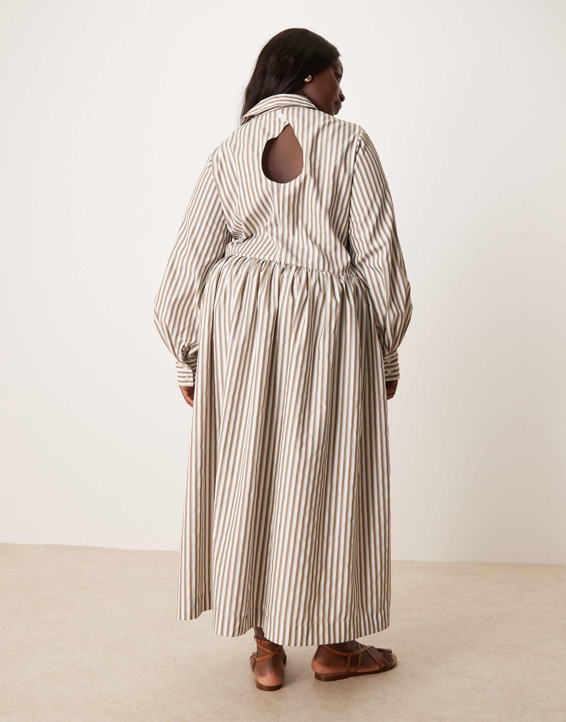 asos design curve maxi shirt dress with asymmetric button detail in brown stripe