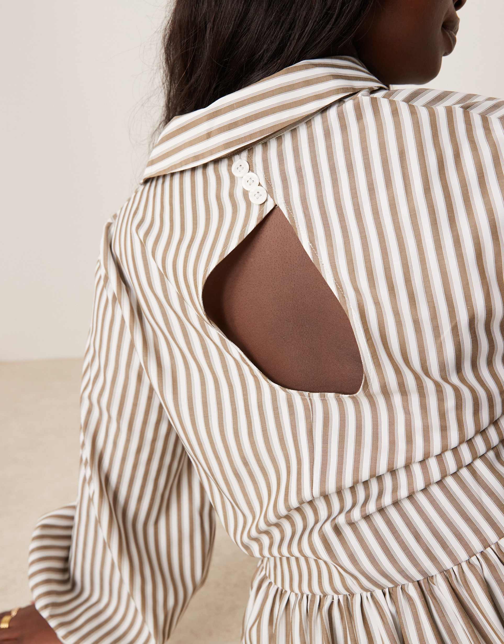 asos design curve maxi shirt dress with asymmetric button detail in brown stripe