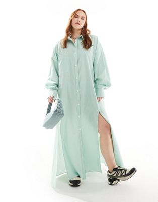 ASOS DESIGN Curve maxi shirt dress with high double split in green stripe
