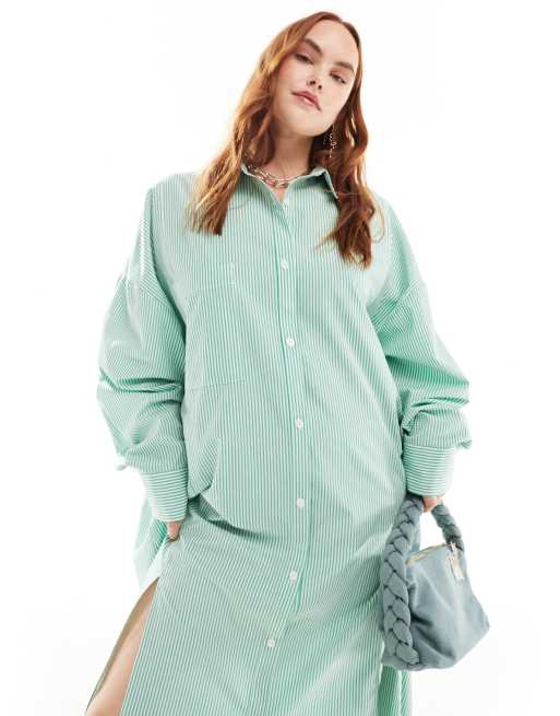 ASOS DESIGN Curve maxi shirt dress with high double split in green stripe ASOS