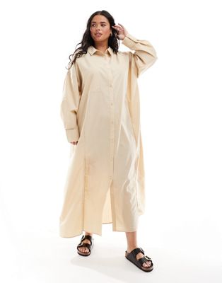Asos Curve Asos Design Curve Maxi Shirt Dress With High Double Split In Stone-neutral
