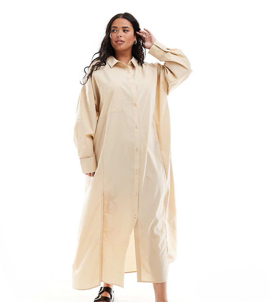 Asos Curve Asos Design Curve Maxi Shirt Dress With High Double Split In Stone-neutral