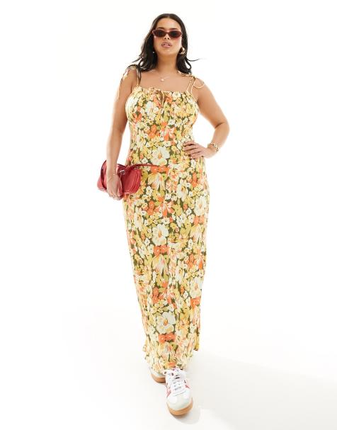 ASOS DESIGN Curve - Maxi-slipdress met gerimpelde buste en bloemenprint in mosterdgeel - view 1