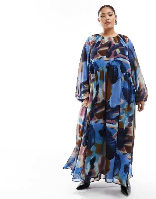 ASOS DESIGN Curve - Maxi smockjurk van chiffon met geschulpte taille in abstracte paarse print