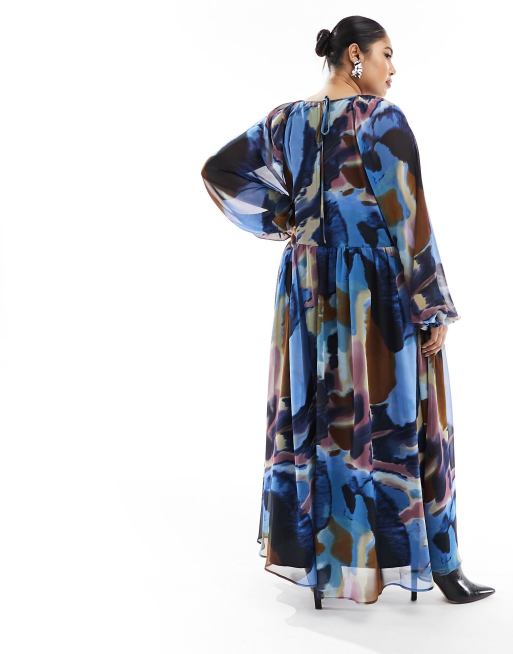 ASOS DESIGN Curve - Maxi smockjurk van chiffon met geschulpte taille in abstracte paarse print, 4 van 4