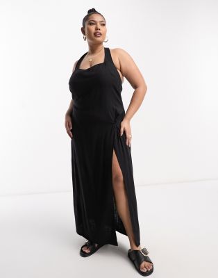 ASOS DESIGN Curve - Maxi-Sommerkleid aus Leinen in Schwarz mit U-Ausschnitt, Neckholder und Zierknoten-Black