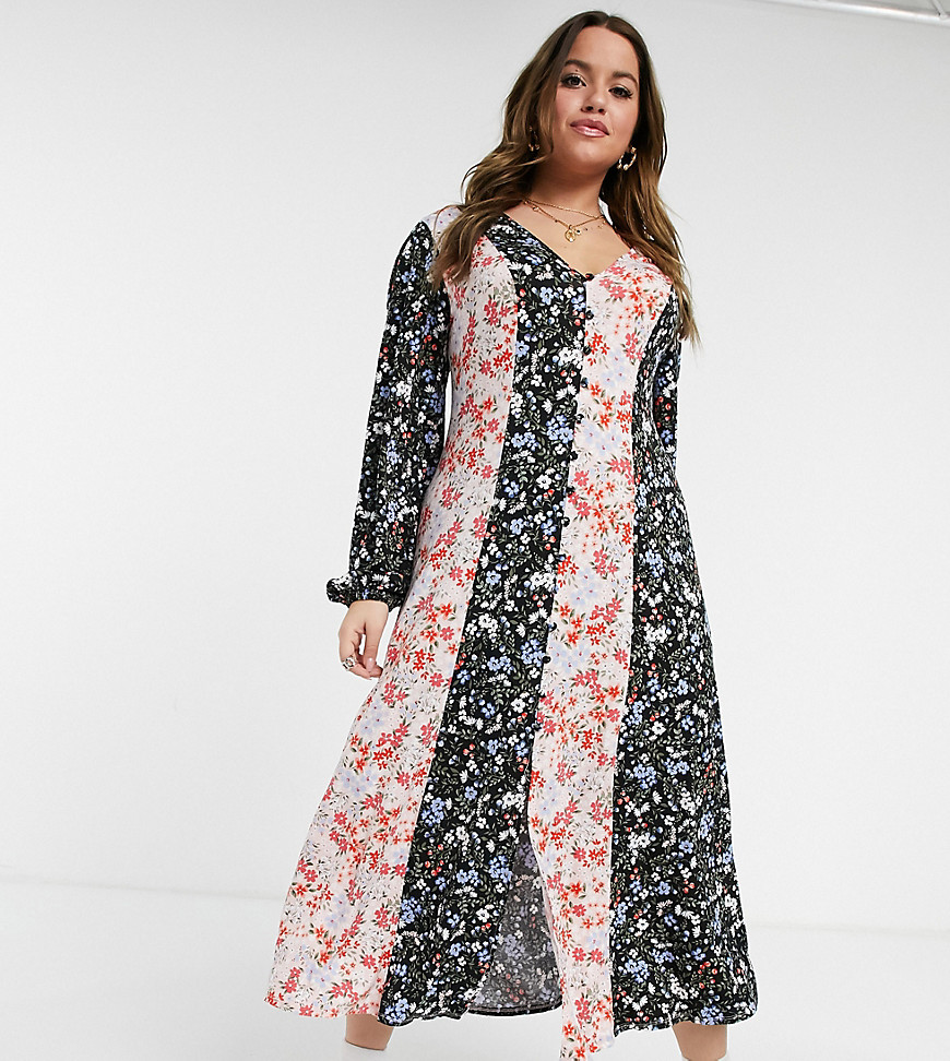 ASOS DESIGN Curve maxi tea dress in half-and-half contrast floral print in black and cream