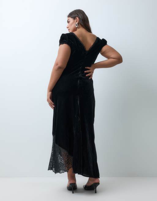 ASOS DESIGN Curve maxi tea-kjole i velour med blonder i sort, 5 af 5