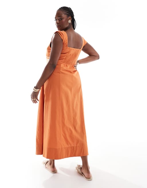 ASOS DESIGN Curve Maxi Tenniskleid in dunklem Mango Orange mit Ziernaht und Kappenarmeln