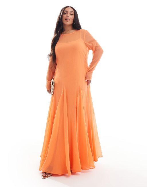 ASOS DESIGN Curve - Maxi tentjurk van doorschijnend chiffon in koraal, 3 van 4