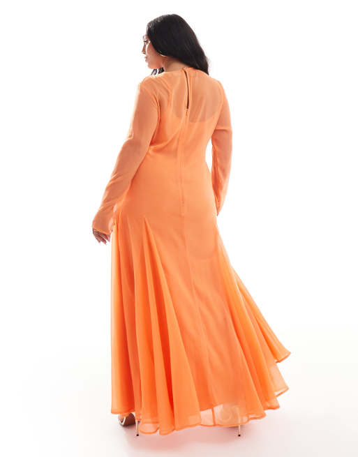 ASOS DESIGN Curve - Maxi tentjurk van doorschijnend chiffon in koraal, 4 van 4
