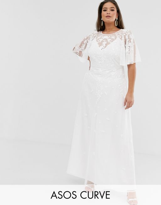 ASOS DESIGN Curve - Maxi trouwjurk met geborduurde fladdermouwen in wit
