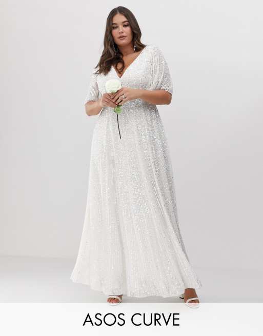 ASOS DESIGN Curve - Maxi trouwjurk met wijde mouwen en pailletten in wit