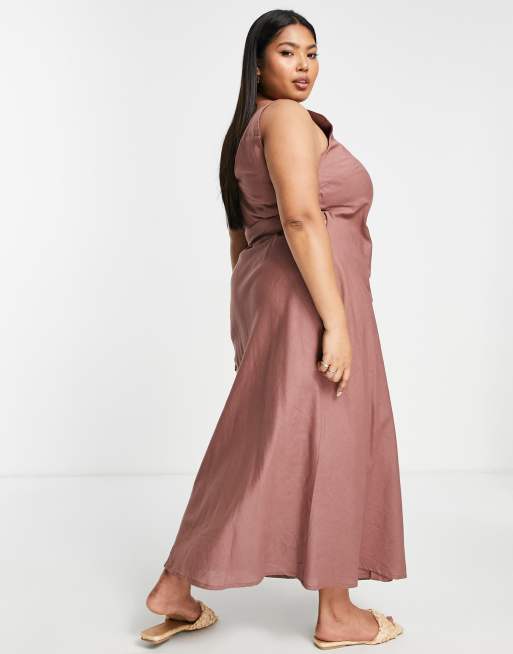 ASOS DESIGN Curve Maxi Wickelkleid aus Leinen in Schokoladenbraun ASOS