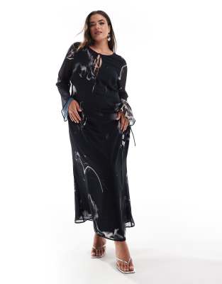 ASOS DESIGN Curve - Maxi-Wickelkleid in Schwarz mit Tintenschwarz mit Print