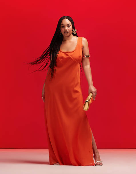 ASOS DESIGN Curve - Maxikjole i brændt orange med dyb rund hals og rå skåret kant på tværs - view 1