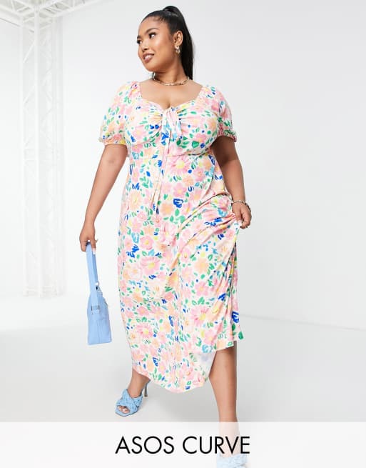 ASOS DESIGN Curve - Maxikjole med halter-detalje og pufærmer i lyst blomstermønster