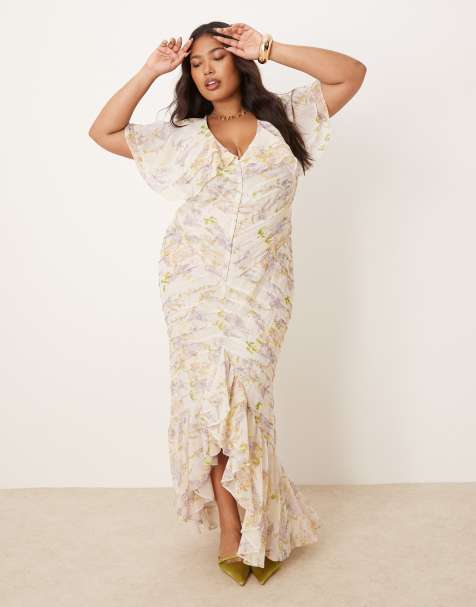 ASOS DESIGN Curve - Maxikjole med pintucks og flagrende kappeærmer i blåregnsblomstermønster - view 1