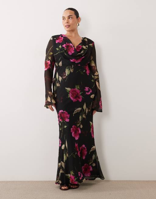 ASOS DESIGN Curve maxiklänning i chiffong med draperad ringning i mörkrosa blommigt, 2 av 4