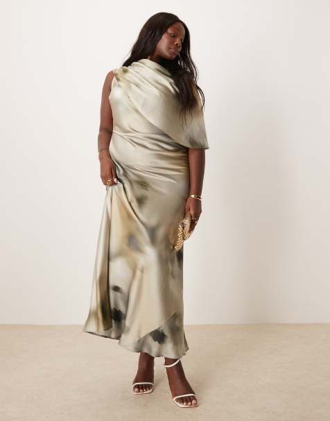 ASOS DESIGN Curve – Maxiklänning i satin med rökblommigt mönster och utskuren, cape- och kragdetalj - view 1