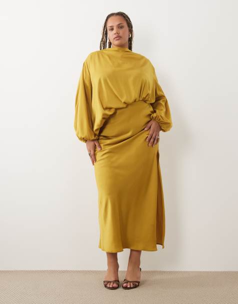 ASOS DESIGN Curve maxiklänning med asymmetrisk överdel och blusärmar i olivgrönt - view 1