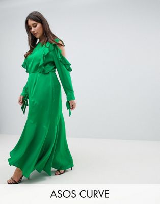 ASOS DESIGN – Curve – Maxiklänning med bar axel och volangärm-Grön
