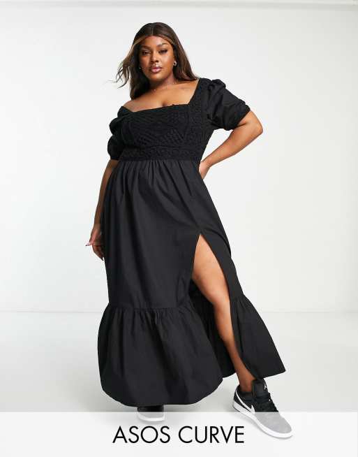 ASOS DESIGN Curve Maxikleid aus Baumwoll Popeline in Schwarz mit Hakeleinsatz ASOS