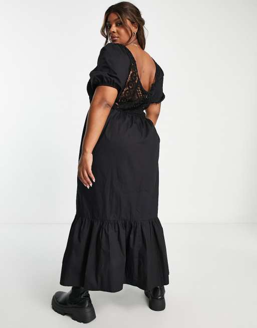 ASOS DESIGN Curve – Maxikleid aus Baumwoll-Popeline in Schwarz mit Häkeleinsatz , 2 von 4