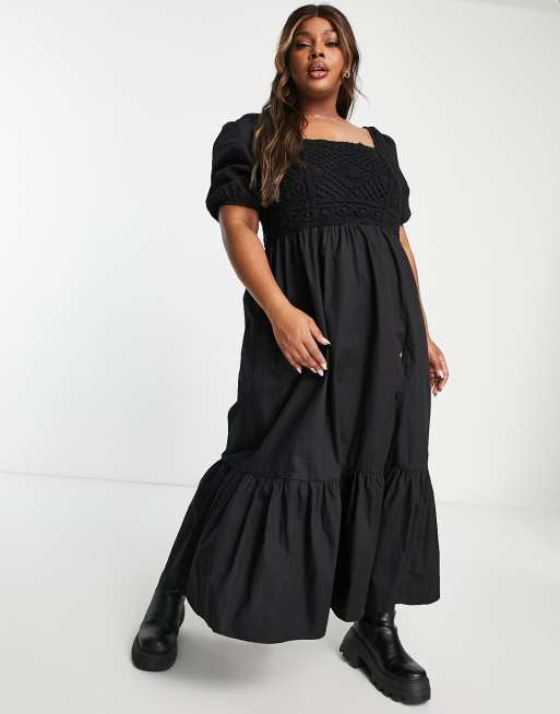ASOS DESIGN Curve – Maxikleid aus Baumwoll-Popeline in Schwarz mit Häkeleinsatz , 4 von 4