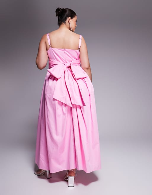 ASOS DESIGN Curve – Maxikleid aus Baumwoll-Satin in Rosa mit elastischer Taille und Schleife am Rücken, 2 von 4