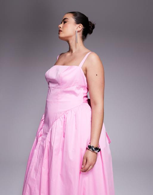ASOS DESIGN Curve – Maxikleid aus Baumwoll-Satin in Rosa mit elastischer Taille und Schleife am Rücken, 4 von 4