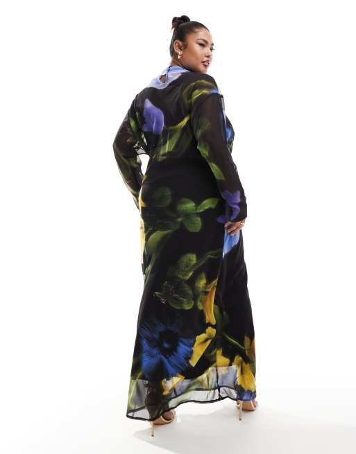 ASOS DESIGN Curve – Maxikleid aus Chiffon mit verschwommenem Blumenmuster, 4 von 4