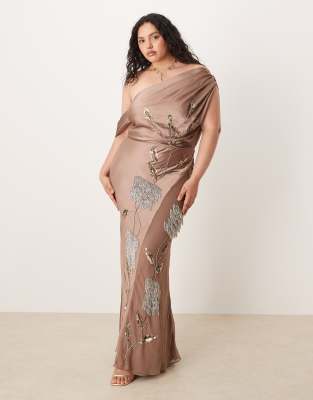ASOS DESIGN Curve - Maxikleid aus Chiffon-Satin-Mix in Mokka mit Blumenverzierung-Brown