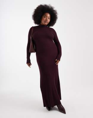ASOS DESIGN Curve - Maxikleid aus feinem Strick in Pflaumenlila mit geripptem Detail