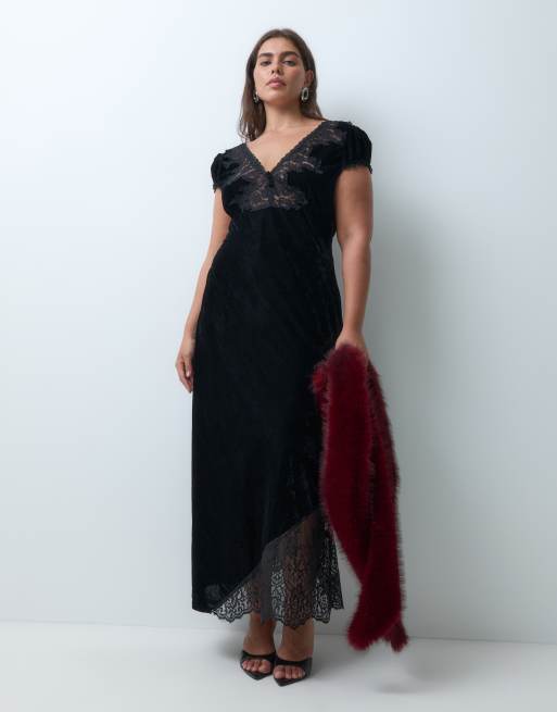 ASOS DESIGN Curve Maxikleid aus Samt mit Spitze in Schwarz, 2 von 5